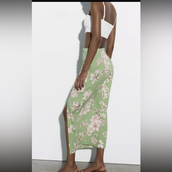 1 day sale! $15! NWT Zara Linen Blend Skirt Green Floral Size Small  3271/781 - Picture 3 of 15